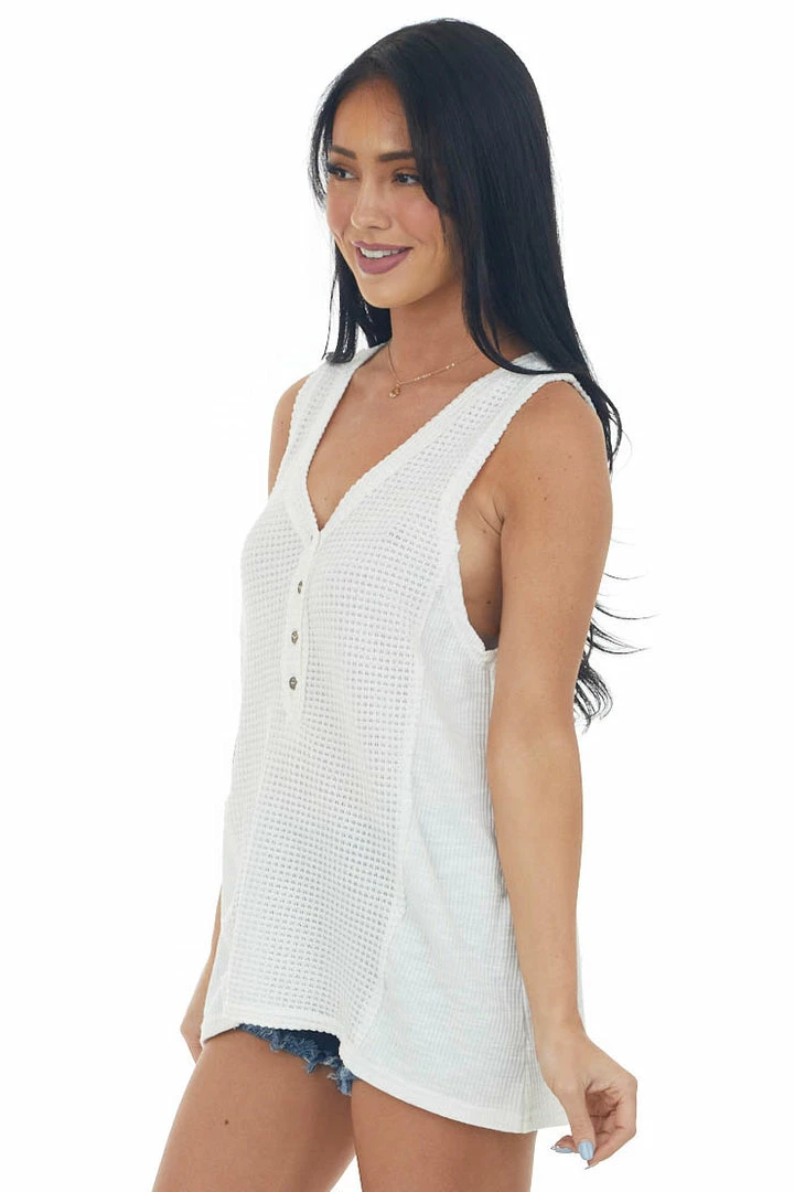 POL Clothing Tops Off White Waffle Knit Button Front Tank Top 6 POL Clothing Tops Off White Waffle Knit Button Front Tank Top