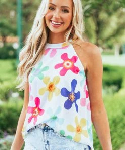 BiBi Off White Abstract Floral Halter Neck Knit Tank Tops
