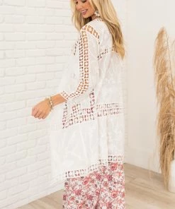 Davi & Dani Tops Off White Crochet Lace Open Front Kimono