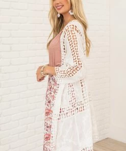 Davi & Dani Tops Off White Crochet Lace Open Front Kimono