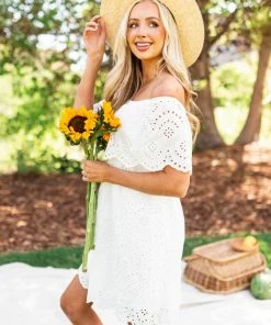 Sweet Lemon Off White Eyelet Lace Off Shoulder Short Dress