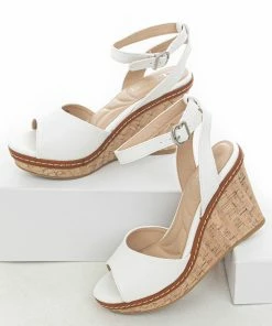 Chinese Laundry Off White Faux Leather Ankle Strap Wedges Shoes