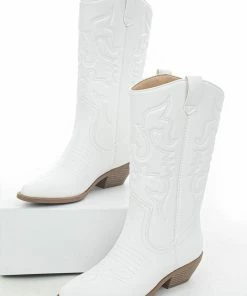 FORTUNE DYNAMIC Shoes Off White Faux Leather Embroidered Western Boots
