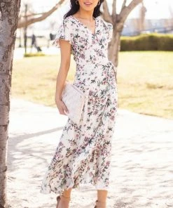Umgee Off White Floral Flutter Sleeve Wrap Midi Dress Dresses