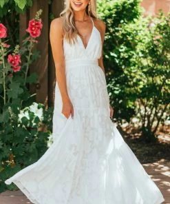 Flying Tomato Off White Floral Textured V Neck Woven Maxi Dress