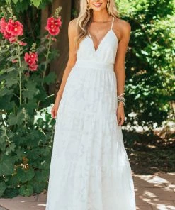 Flying Tomato Off White Floral Textured V Neck Woven Maxi Dress