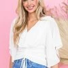 L Love Off White Flutter Sleeve Ruched V Neck Blouse Tops