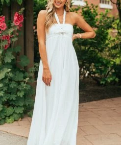 Aakaa Off White Halter Neck Sleeveless Maxi Dress Dresses