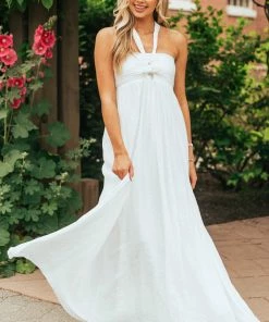 Aakaa Off White Halter Neck Sleeveless Maxi Dress Dresses