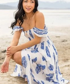 Eesome Off White Printed Off Shoulder Smocked Maxi Dress Dresses