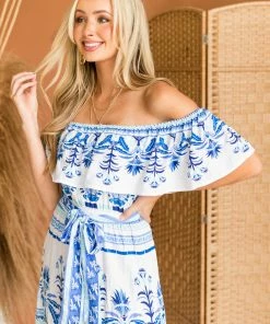 Flying Tomato Off White Printed Off The Shoulder Maxi Dress Dresses
