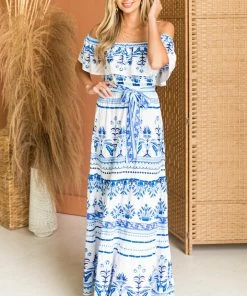 Flying Tomato Off White Printed Off The Shoulder Maxi Dress Dresses