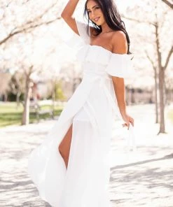 HYFVE Off White Ruffle Off Shoulder Slit Maxi Dress Dresses