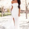 HYFVE Off White Ruffle Off Shoulder Slit Maxi Dress Dresses