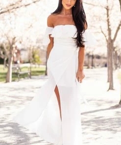 HYFVE Off White Ruffle Off Shoulder Slit Maxi Dress Dresses