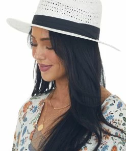 Urbanista Off White Straw Hat With Black Ribbon Trim
