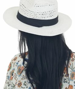 Urbanista Off White Straw Hat With Black Ribbon Trim