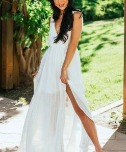 Aakaa Dresses Off White Surplice Maxi Dress With Deep Side Slit