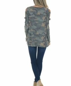 Haptics Olive Camo Raglan Sleeve Ladder Cut Out Top