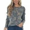 Haptics Olive Camo Raglan Sleeve Ladder Cut Out Top