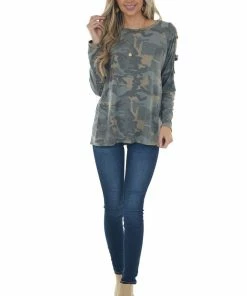 Haptics Olive Camo Raglan Sleeve Ladder Cut Out Top