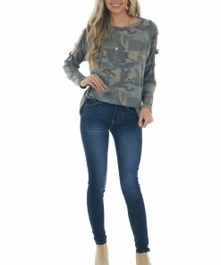 Haptics Olive Camo Raglan Sleeve Ladder Cut Out Top