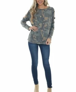 Haptics Olive Camo Raglan Sleeve Ladder Cut Out Top