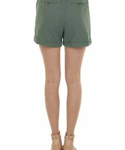 ZENANA Olive Drawstring Cuffed Linen Shorts