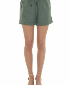 ZENANA Olive Drawstring Cuffed Linen Shorts