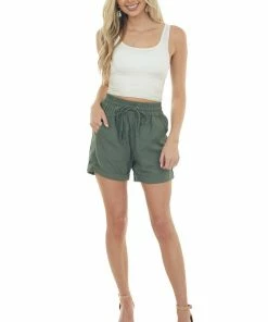 ZENANA Olive Drawstring Cuffed Linen Shorts