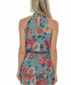 Sweet Lemon Olive Floral Print Halter Neck Ruffle Dress Dresses