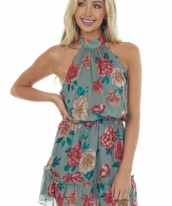 Sweet Lemon Olive Floral Print Halter Neck Ruffle Dress Dresses
