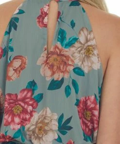 Sweet Lemon Olive Floral Print Halter Neck Ruffle Dress Dresses