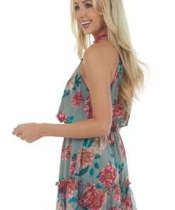 Sweet Lemon Olive Floral Print Halter Neck Ruffle Dress Dresses