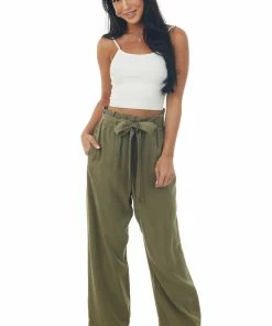 Ces Femme Olive High Rise Paper Bag Waist Tie Pants Bottoms