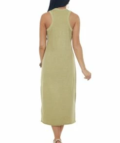 HYFVE Olive Ribbed Trim Sleeveless Knit Midi Dress Dresses