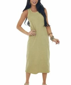 HYFVE Olive Ribbed Trim Sleeveless Knit Midi Dress Dresses