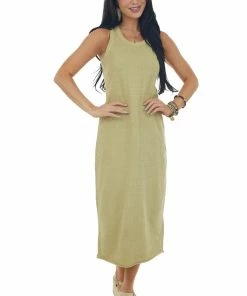 HYFVE Olive Ribbed Trim Sleeveless Knit Midi Dress Dresses