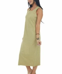 HYFVE Olive Ribbed Trim Sleeveless Knit Midi Dress Dresses