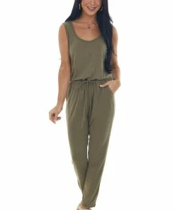 Lush Clothing Olive Sleeveless Stretchy Knit Jumpsuit With Waist Tie Dresses