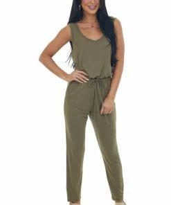 Lush Clothing Olive Sleeveless Stretchy Knit Jumpsuit With Waist Tie Dresses