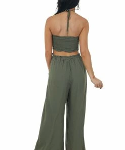 Vine & Love Olive Smocked Jumpsuit With Side Cut Out