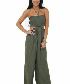 Vine & Love Olive Smocked Jumpsuit With Side Cut Out