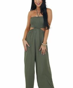 Vine & Love Olive Smocked Jumpsuit With Side Cut Out