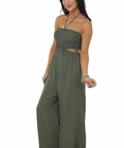 Vine & Love Olive Smocked Jumpsuit With Side Cut Out