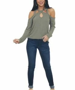 143 Story Olive Strappy Cold Shoulder Long Sleeve Top Tops