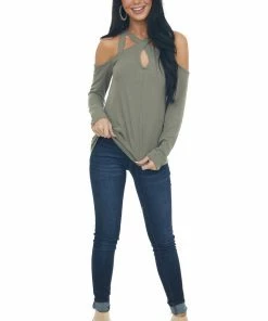 143 Story Olive Strappy Cold Shoulder Long Sleeve Top Tops