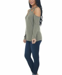 143 Story Olive Strappy Cold Shoulder Long Sleeve Top Tops