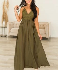 Cozy Co. Olive Crochet Bodice V Neck Woven Maxi Dress Dresses