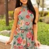Sweet Lemon Olive Floral Print Halter Neck Ruffle Dress Dresses